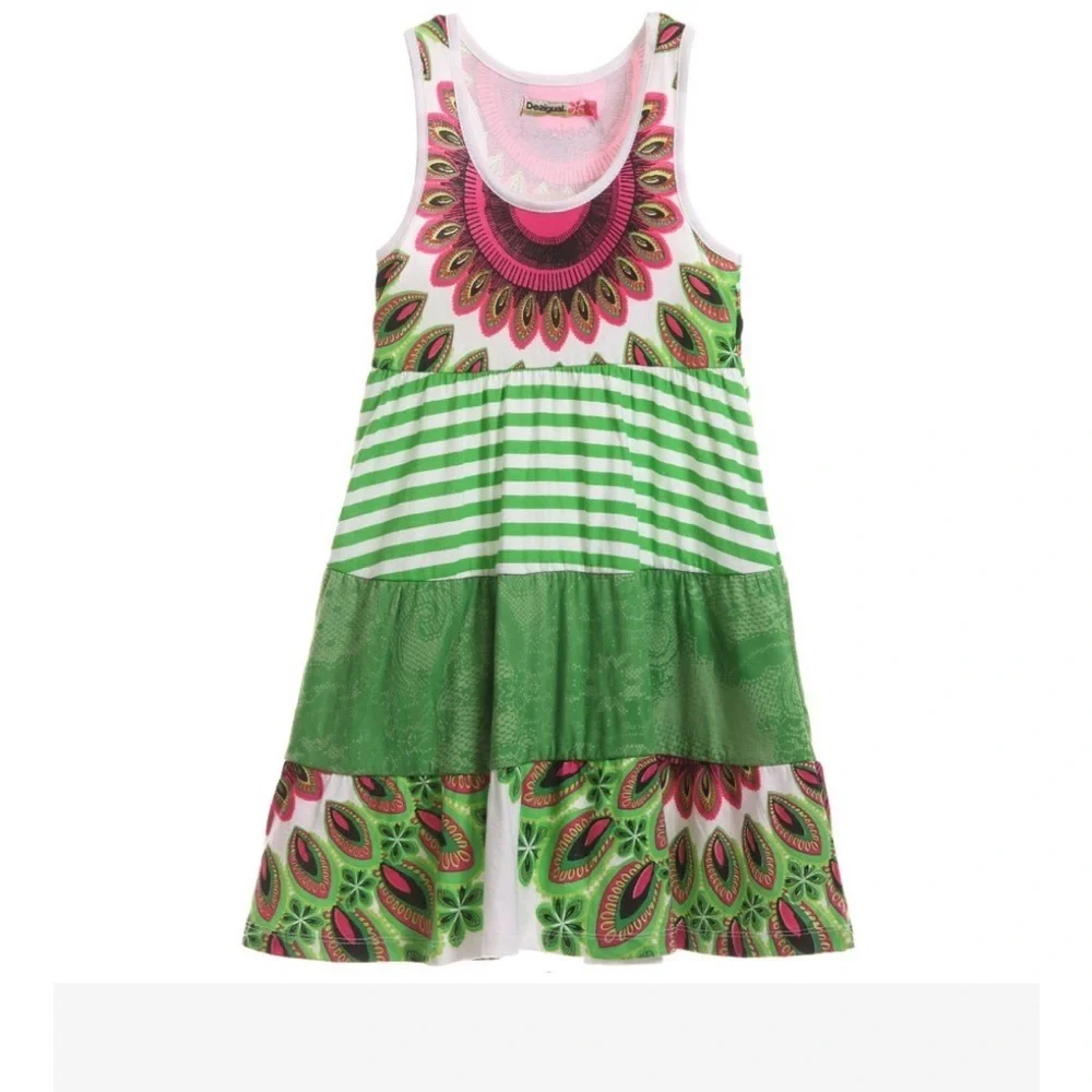 Desigual Girls Cotton Dress with Green and Pink Patterns 11/12